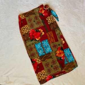Tropical Pattern Wrap Skirt w/Natural Belt Buckle